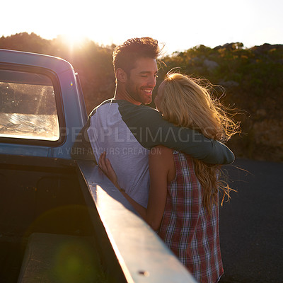 Buy stock photo Hug, truck or happy couple on road trip in nature on romantic holiday vacation for bonding on date. Car, travel or people hugging to embrace on fun summer weekend break with romance in park together