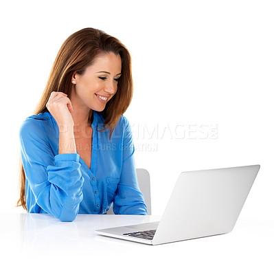 Buy stock photo Studio shot of a young woman using a laptop against a white background