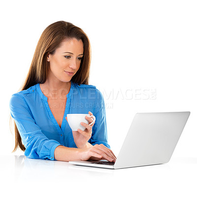 Buy stock photo Studio shot of a young woman using a laptop against a white background