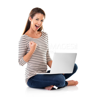 Buy stock photo Portrait, excited and woman celebrate on laptop for good news, success or goal in studio isolated on a white background. Yes, fist pump and happy winner on computer for lottery, bonus or crypto promo