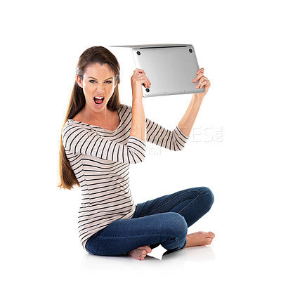 Buy stock photo Laptop, smash and angry woman portrait in studio frustrated by bankruptcy, news or 404 on white background. Computer, throw or model with stress for stock market crash, crisis or inflation newsletter