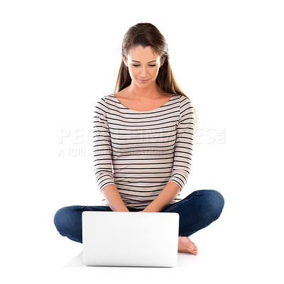 Buy stock photo Laptop, search and woman in studio with streaming, service or sign up subscription on white background. Pc, reading and model with social media, newsletter or watching online video, movie or show