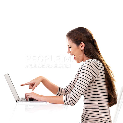 Buy stock photo Wow, laptop and woman with hand pointing in studio for surprise news, gossip or online drama on white background. Omg, shock and model show computer, search or sign up service, application or guide
