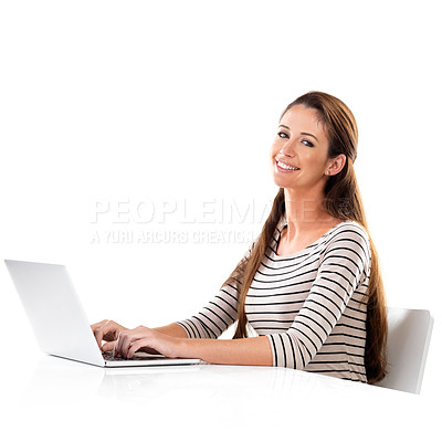 Buy stock photo Laptop, research or portrait of business woman in studio with survey, feedback or web communication on white background. Pc, search or marketer online for idea inspiration, planning or b2b networking