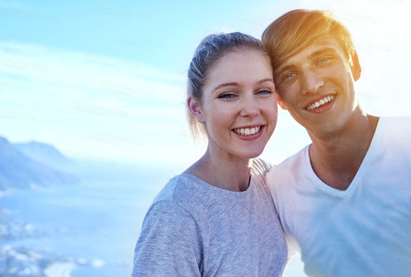 Buy stock photo Cropped portrait of a young couple on a hike