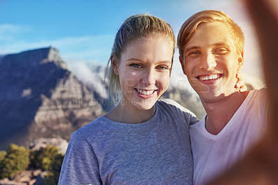 Buy stock photo Cropped portrait of a young couple on a hike