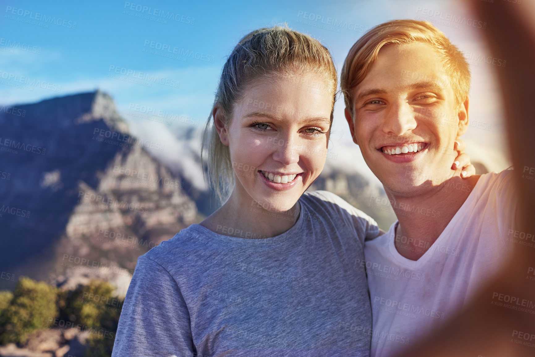 Buy stock photo Cropped portrait of a young couple on a hike