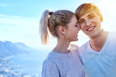 Buy stock photo Couple, hiking and romantic on mountain for adventure, together and in love in Norway. Smiling man, woman and scenic view in nature for bonding, happiness and growth in landscape for wellness