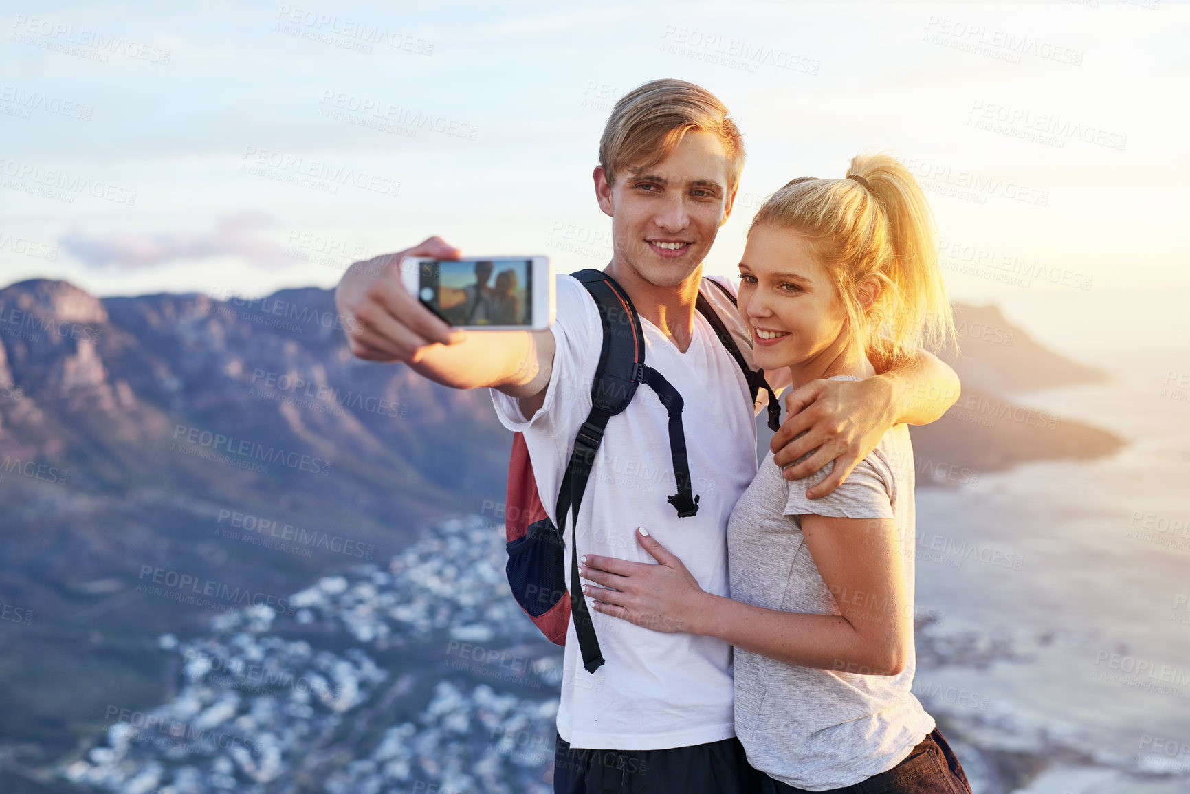 Buy stock photo Couple, hiking and selfie on mountain with smile for adventure blog, update or online post together. Man, woman and happy with digital photography in nature for fitness, travel memory or social media