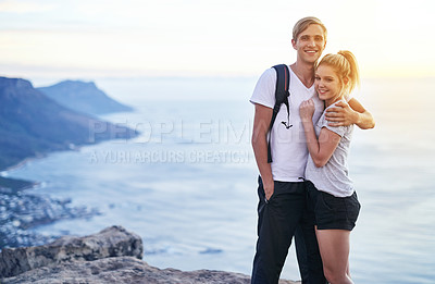 Buy stock photo Hiking, love and portrait with couple by sea on mountain for holiday, travel or vacation together. Nature, summer or view with man and woman outdoor at ocean for date, backpack or hike at sunset