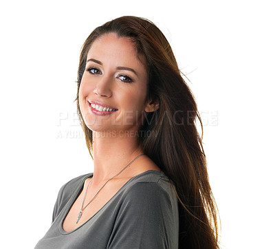 Buy stock photo Portrait, beauty and hair with woman in studio for dermatology, keratin treatment and shine on white background. Cosmetic care, facial and haircare with face, skincare and salon hairstyle for glow