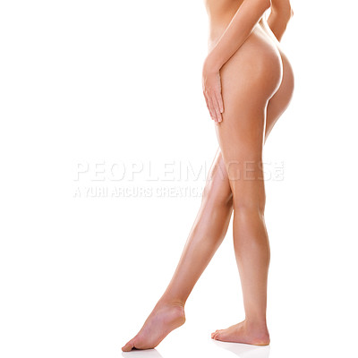 Buy stock photo Naked, hair removal and woman with legs, creative beauty and person isolated on white studio background. Bum, smooth and girl or model with mockup space for skincare and natural with cosmetics