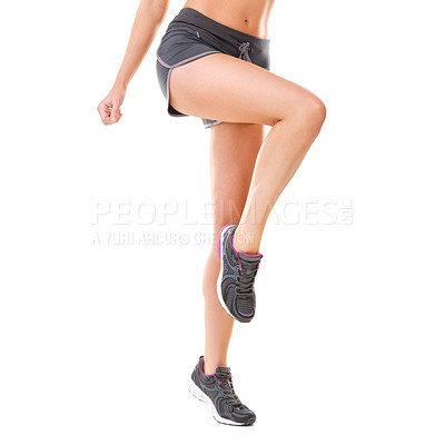 Buy stock photo Fitness, workout and shoes of person on a white background for training, exercise and running. Sports mockup, personal trainer and woman in sportswear for wellness, health and performance in studio