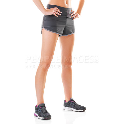 Buy stock photo Fitness, workout and legs of woman on a white background for marathon training, exercise and running. Sports, athlete and isolated person in sneakers for wellness, health and performance in studio