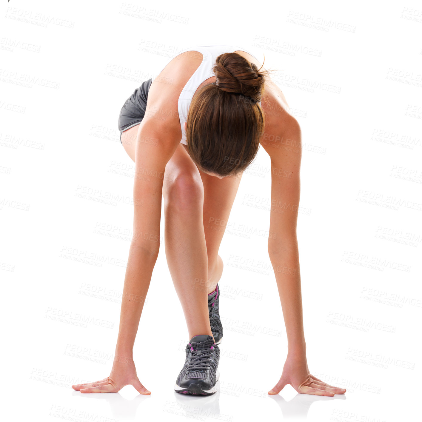 Buy stock photo Woman, start or runner in studio for exercise, fitness training or cardio workout on white background. Marks, girl or athlete on ground for sports performance, sprinting contest or running endurance