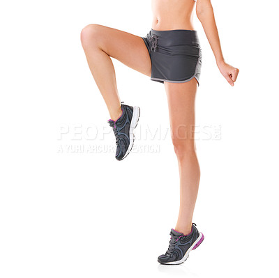 Buy stock photo Fitness, jump and shoes of woman in studio for training, exercise and running workout. Sports mockup, runner and legs of person in sportswear for wellness, health and marathon on white background