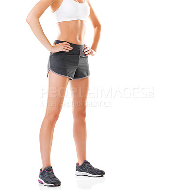 Buy stock photo Fitness, workout and body of woman on a white background for training, exercise and running. Sports athlete, runner legs and isolated person in sportswear for wellness, shoes or performance in studio