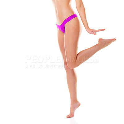 Buy stock photo Woman, legs and studio white background for skincare, beauty and healthy with confidence in underwear. Female person, self care and mockup space in lingerie for cosmetics, dermatology or hair removal