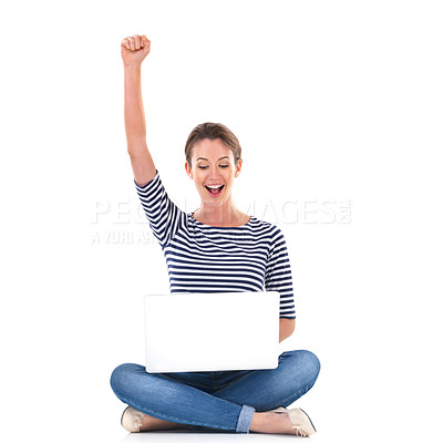 Buy stock photo Woman, studio and winner with laptop and sitting with cheering, success with crypto or trade. Female investor, computer and victory on backdrop with hand for market, happy for deal in fintech