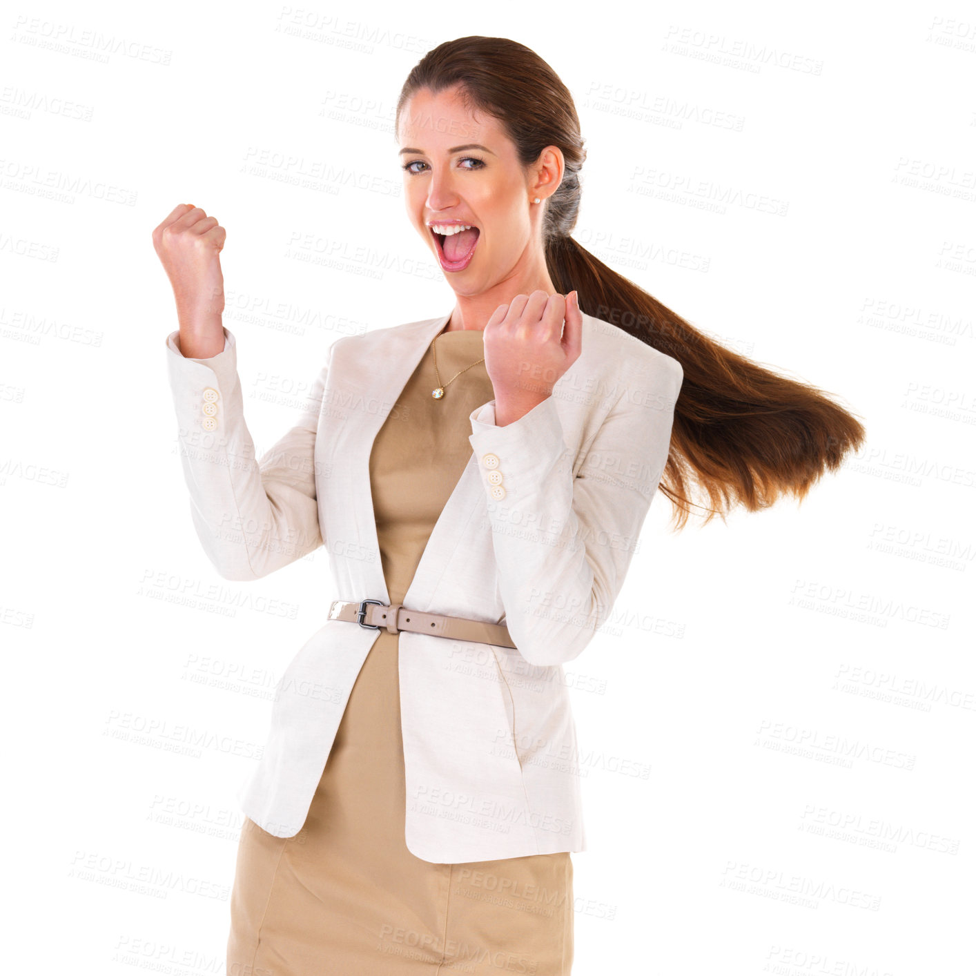 Buy stock photo Portrait, corporate woman and celebration in studio for company achievement, winner and smile. Success, happy and face of lawyer by white background with good news, winning case and victory fist