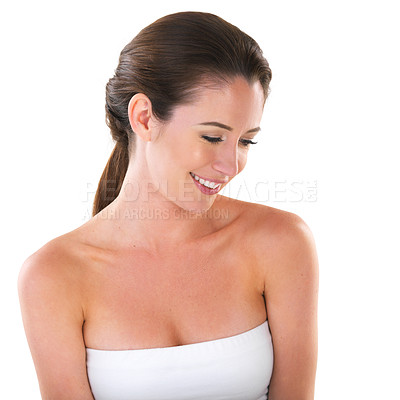 Buy stock photo Natural, beauty and smile of woman for skincare, dermatology and aesthetic on face isolated on a white background. Happy, cosmetics and young model in spa for glow, wellness and body health in studio