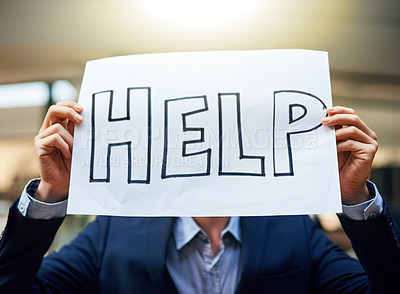 Buy stock photo Word, help and paper in hand for poster for unemployment, inflation or corporate burnout and debt. Person, presenting and show request on card for assistance, aid or service for guidance or charity  