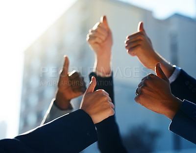 Buy stock photo Diversity, teamwork and business people with thumbs up in city for collaboration or motivation. Good news, satisfaction and group of lawyers with approval hand gesture for achievement in urban town.