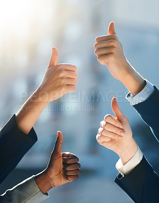 Buy stock photo Diversity, good news and business people with thumbs up in office for collaboration or motivation. Teamwork, satisfaction and group of lawyers with approval hand gesture for achievement in workplace.
