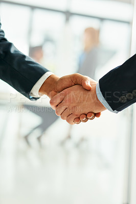 Buy stock photo Deal, handshake and partnership with business people in office closeup for thank you or welcome. Interview, meeting or recruitment with colleague and employee shaking hands for contract or trust