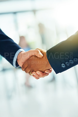 Buy stock photo Deal, handshake and meeting with business people in office closeup for thank you or welcome. Interview, partnership or recruitment with colleague and employee shaking hands for contract or trust