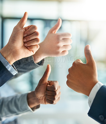 Buy stock photo Diversity, emoji and business people with thumbs up in office for collaboration or motivation. Good news, satisfaction and group of lawyers with approval hand gesture for teamwork in workplace.