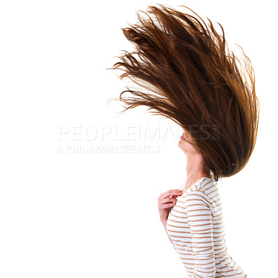 Buy stock photo Studio shot of an attractive young woman twirling her hair isolated on white