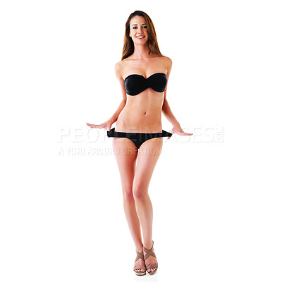 Buy stock photo Woman, lingerie and happy for fashion in studio on white background with confidence and comfortable. Portrait , female person and underwear with smile for bikini or bra for desire, sexy and body
