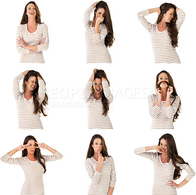 Buy stock photo Collage, woman in portrait and funny in studio with comic, goofy and hands on face with mockup. Female person, happy and comedy with different emotion, laugh and dance or reaction in white background
