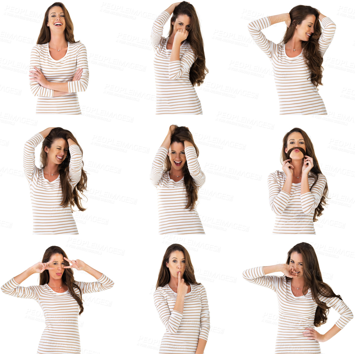 Buy stock photo Collage, woman in portrait and funny in studio with comic, goofy and hands on face with mockup. Female person, happy and comedy with different emotion, laugh and dance or reaction in white background