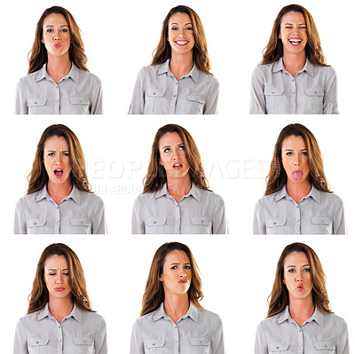 Buy stock photo Composite shot of an attractive young woman with various facial expression isolated on white