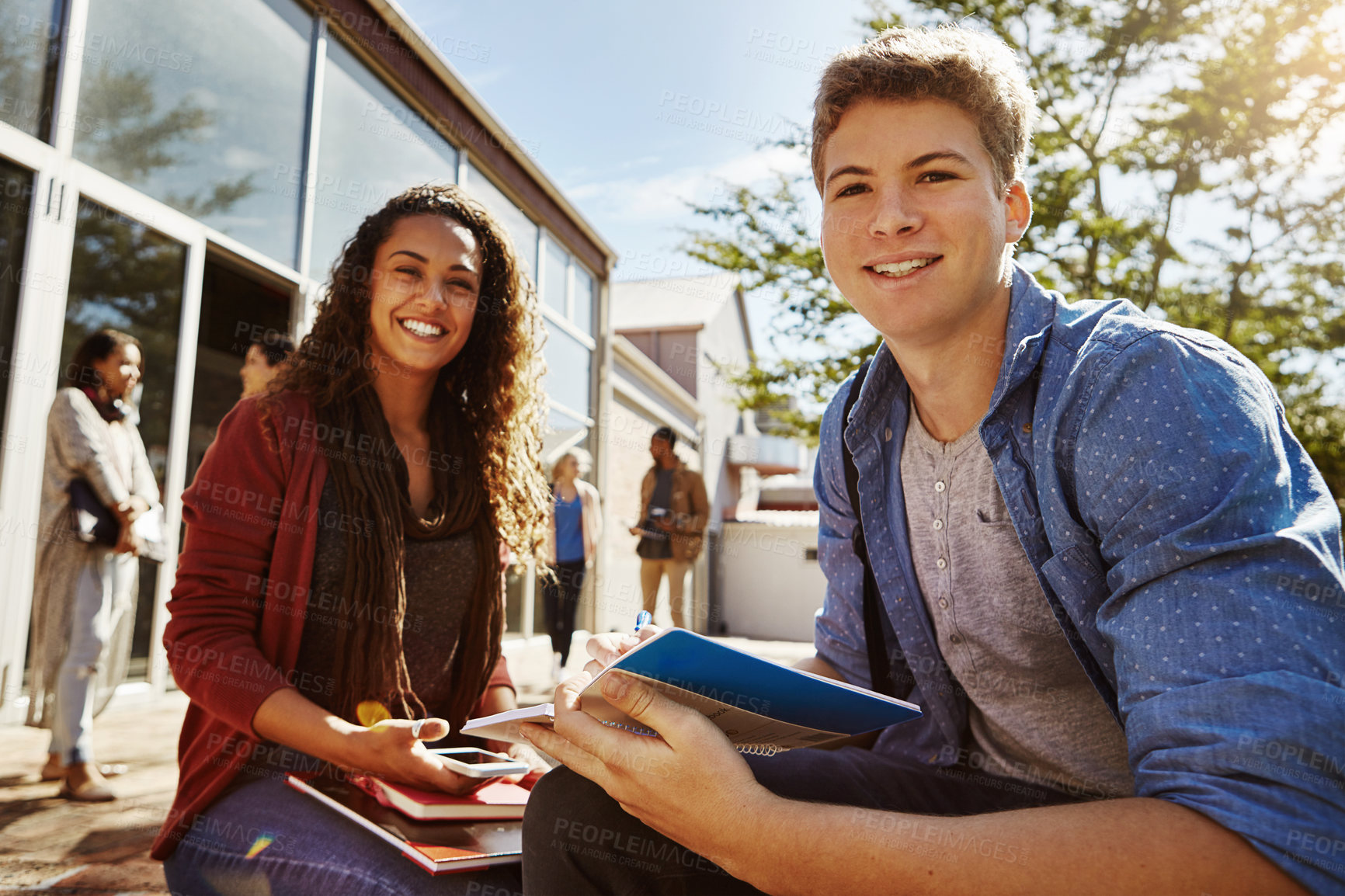 Buy stock photo Tutor, portrait and college with students in outdoor for studying, writing and scholarship. Campus, future and University with people and notebook for learning, academy and knowledge together