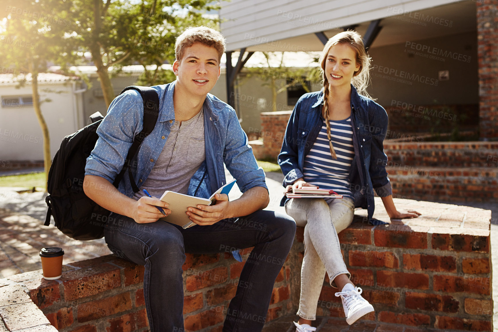 Buy stock photo Shot of two students studying together on campus