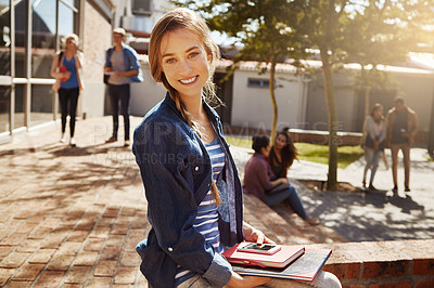 Buy stock photo Portrait of a young student sitting on campus