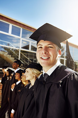 Buy stock photo Happy, man and portrait with graduation outdoor for education diploma, achievement and milestone. Proud, students and success with university award, announcement and learning goals of academic degree