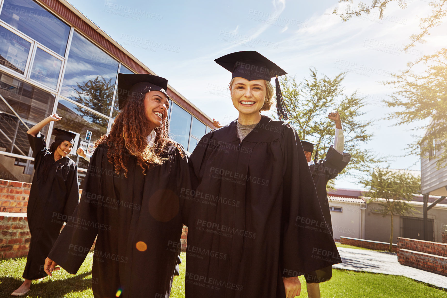 Buy stock photo Graduation, happy and class with woman in college for success, education and scholarship. University student, future and friends with people in outdoor for campus ceremony, event and achievement