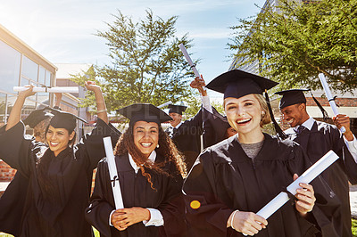 Buy stock photo Students, portrait and graduation celebration with certificate for education success or learning goals on campus. Friends, women or excited with diploma at ceremony for university degree or milestone