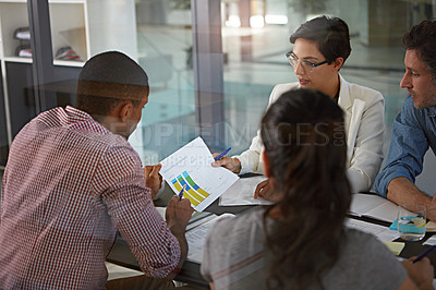 Buy stock photo Business people, documents and statistics with chart for company performance, strategy or results at office. Group, employees or analyst with team, graph or paperwork for data review, plan or outcome