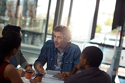 Buy stock photo Business people, tablet and diversity in team, meeting or feedback for employee engagement in office. Technology, group and discussion for collaboration, review and communication in creative agency