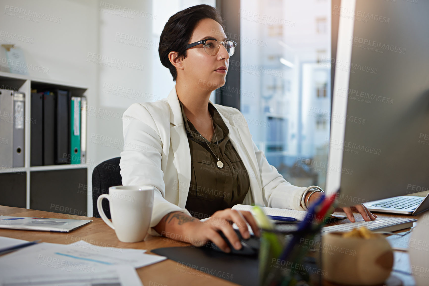 Buy stock photo Computer, reading and research with business woman in office for account manager, planning and email. Investment banker, budget report and online portfolio with person in agency for trading broker