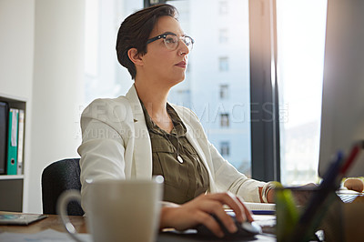 Buy stock photo Focus, office and business woman with computer typing online documents, website research and writing email. Corporate, networking and busy female employee at desktop with focus, planning and ideas