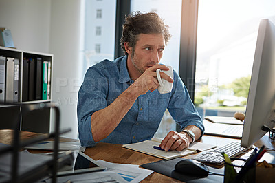 Buy stock photo Coffee, thinking and computer with a business man at work in his office for future growth or research. Idea, tea and internet with a male employee working or planning online using a desktop