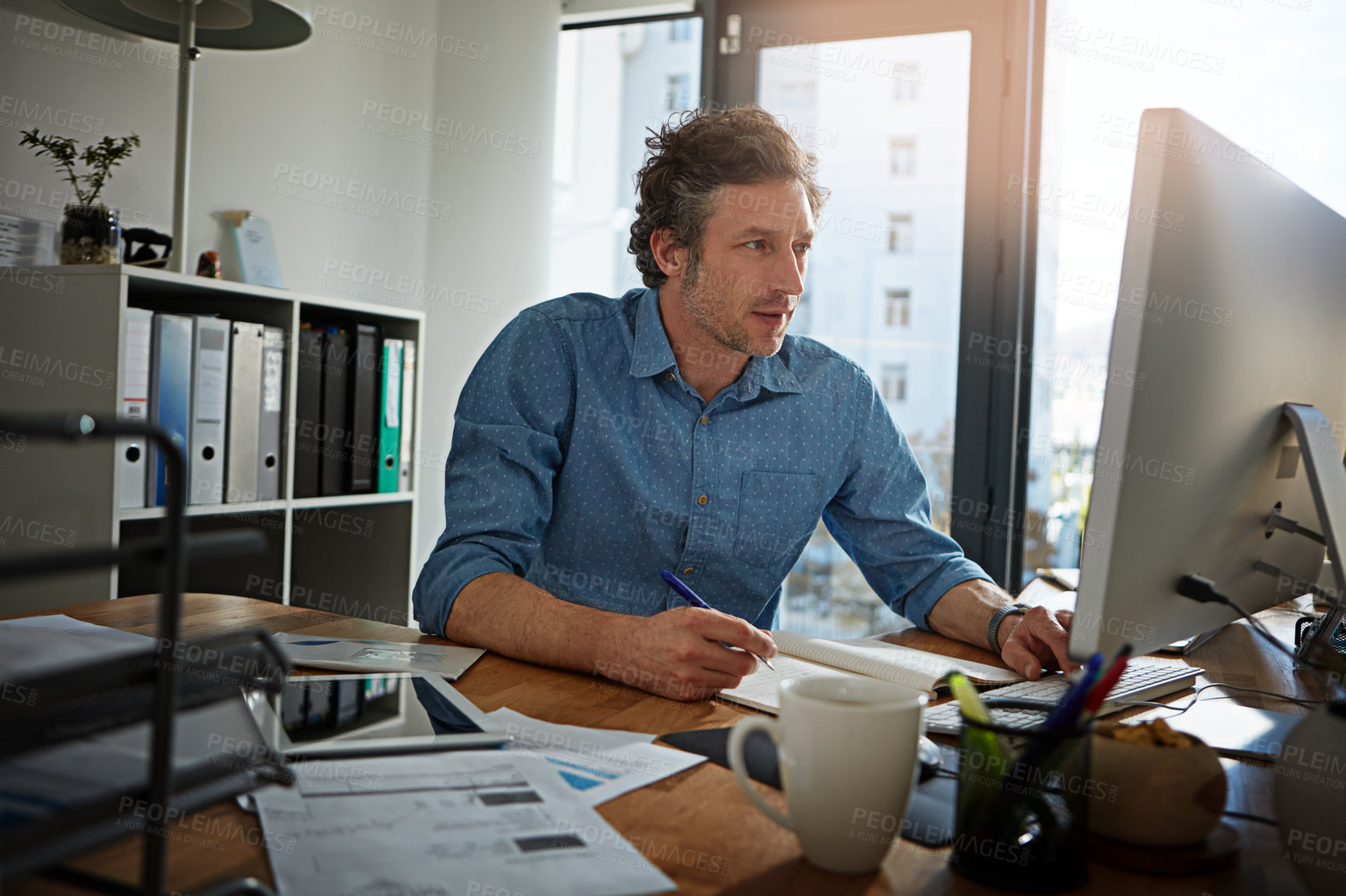 Buy stock photo Computer, reading and notebook with business man in office for account manager, planning and email. Investment banker, budget report and online portfolio with person in agency for trading broker