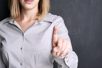 Buy stock photo Hand, pointing and woman with option, choice or invitation for business connection with mockup space. Female person, finger and direction for recruitment, welcome and onboarding for worker in studio