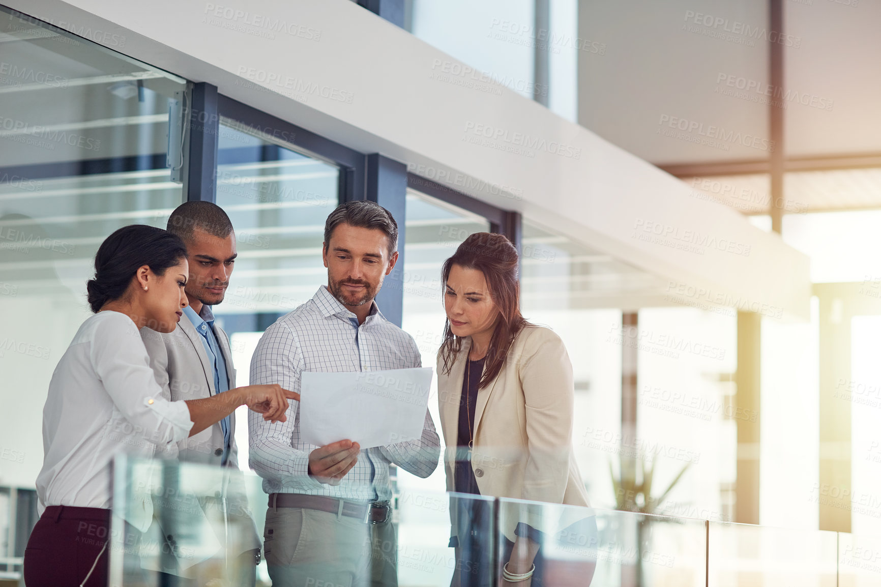 Buy stock photo Talking, business people and document for review, feedback and collaboration and advice in office. Group, paperwork and discussion as teamwork, development and mentorship in brainstorming for company